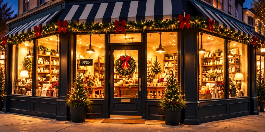 Local storefront decorated for the holidays