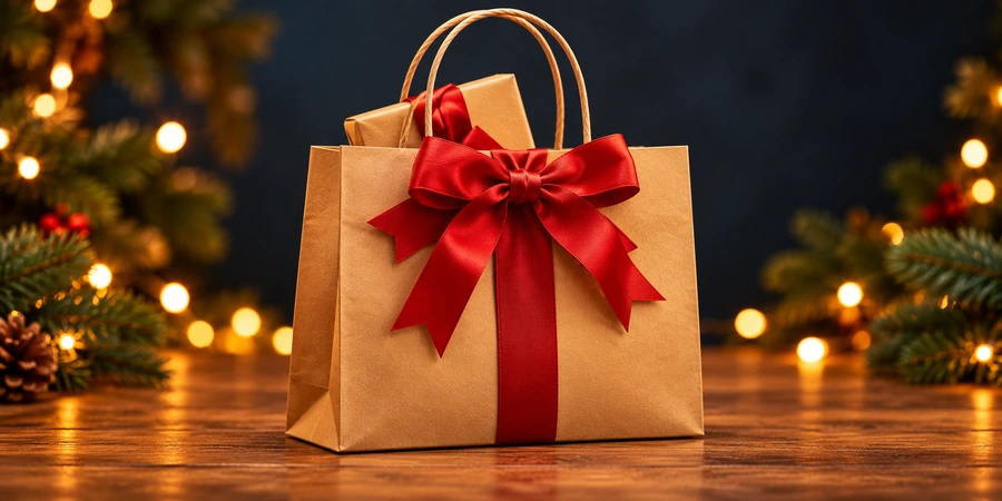 Holiday shopping bag with a red ribbon
